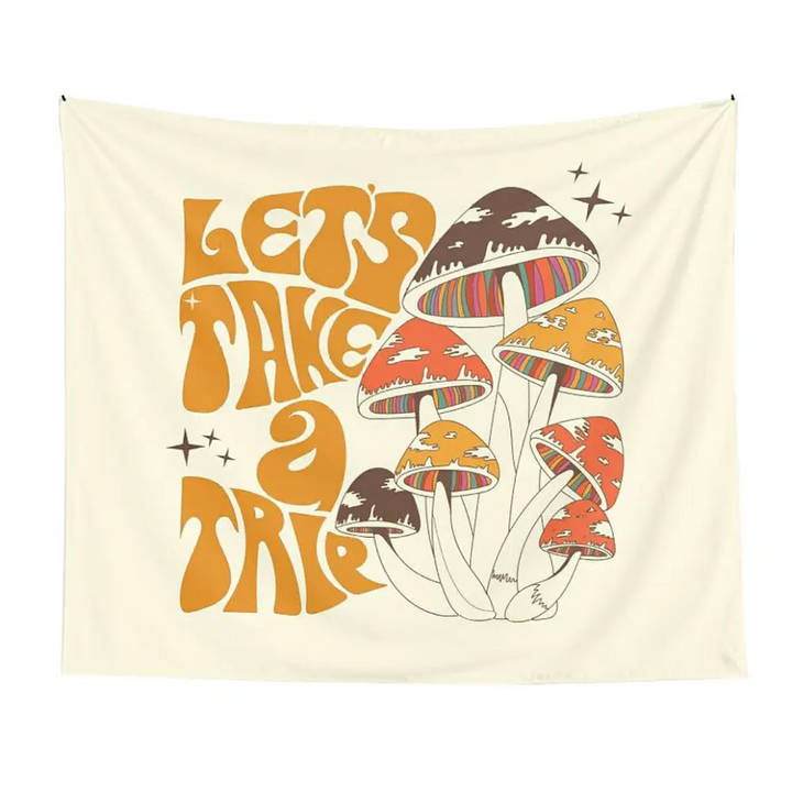 Mushroom tapestry featuring y2k style let’s take a trip sign