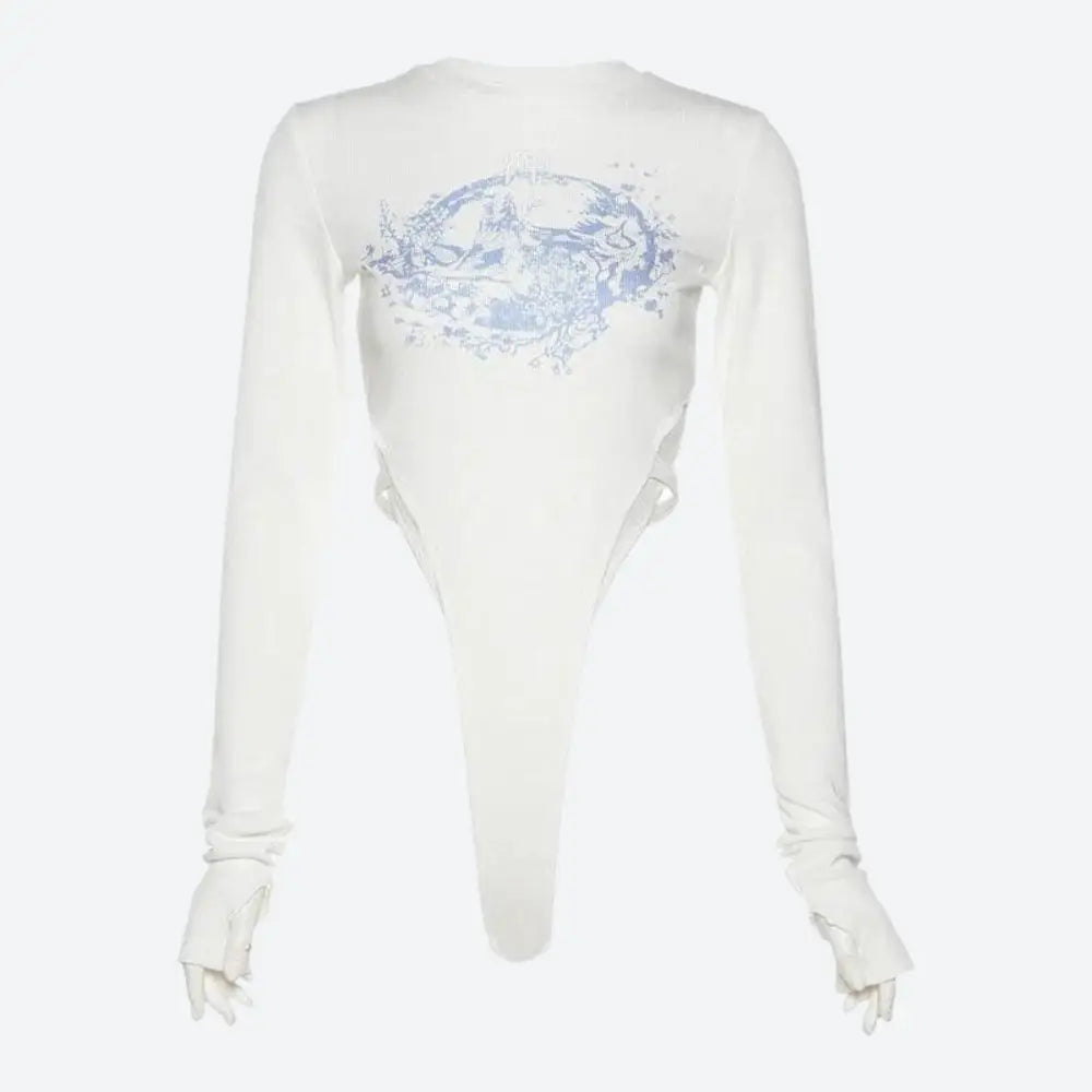 Mythology figure print long sleeve bodysuit with bandage detailing