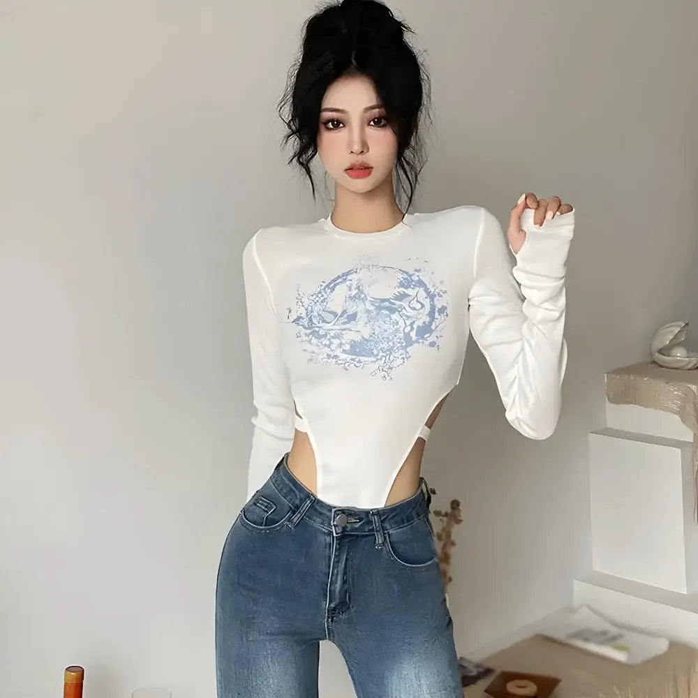 Mythology figure print long sleeve bodysuit with bandage detailing - white / s