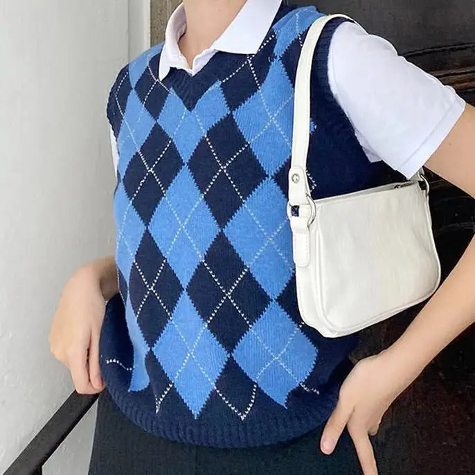 Navy blue argyle vest - free size / sweaters