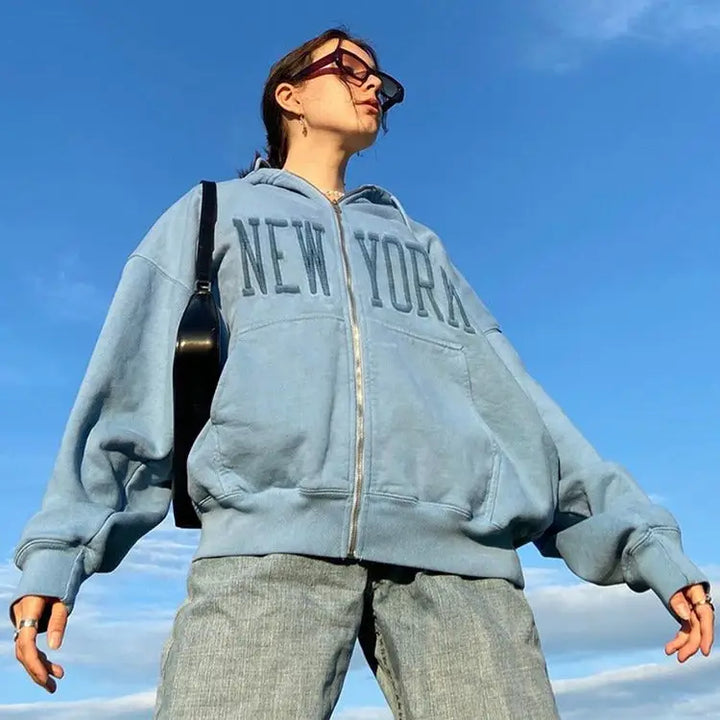 Baby blue y2k hoodie with stylish new york embroidery