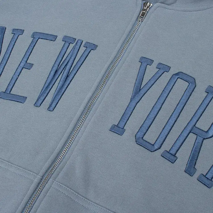 Baby blue y2k hoodie with stylish new york embroidery