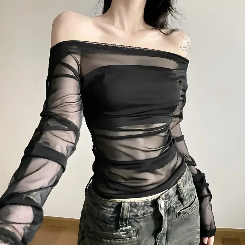 Elegant off-shoulder mesh top with transparent design and lined bust