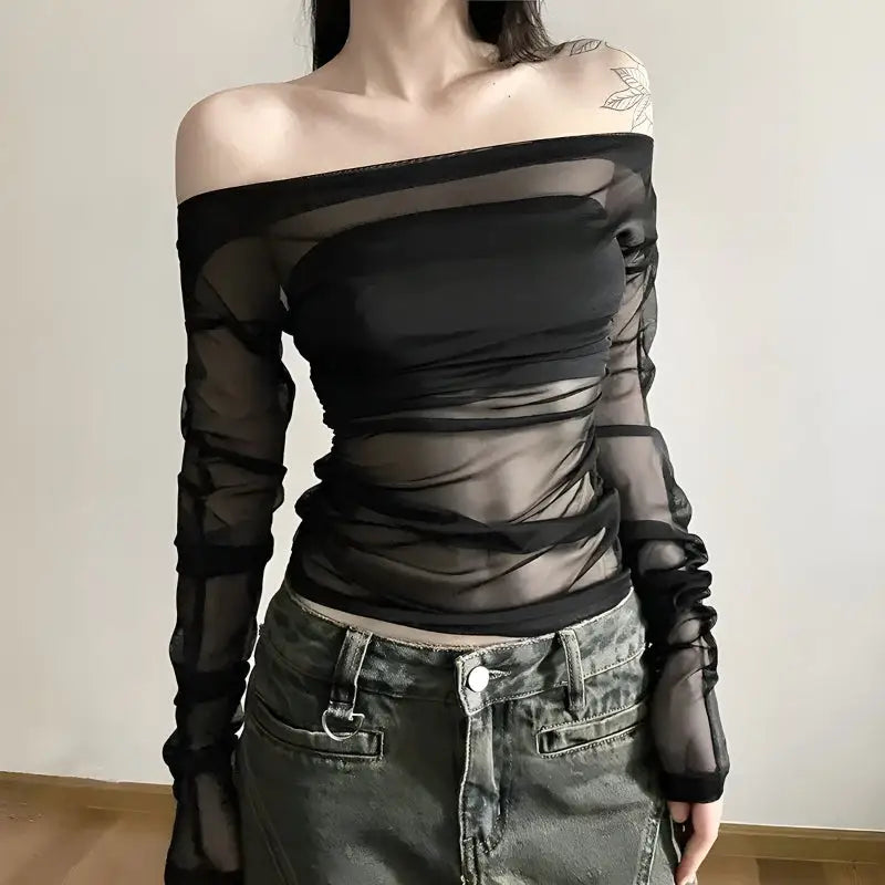 Elegant off-shoulder mesh top with transparent design and lined bust