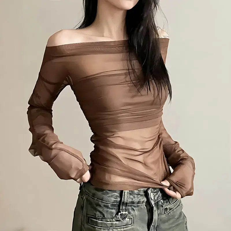 Elegant off-shoulder mesh top with transparent design and lined bust - brown / s