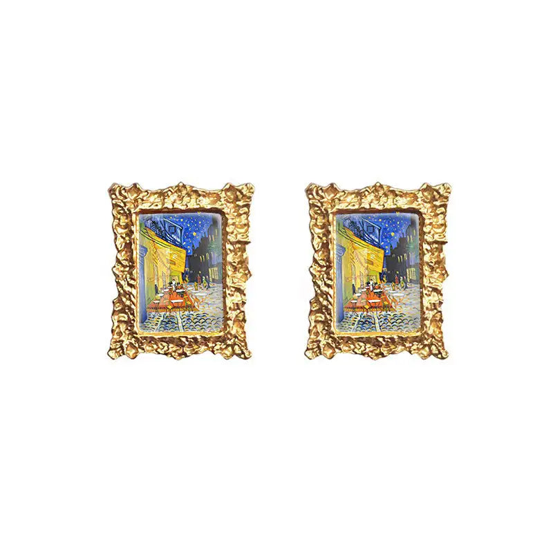 Impressionism oil painting earrings for y2k style jackets - cafe terrace at night - earrings