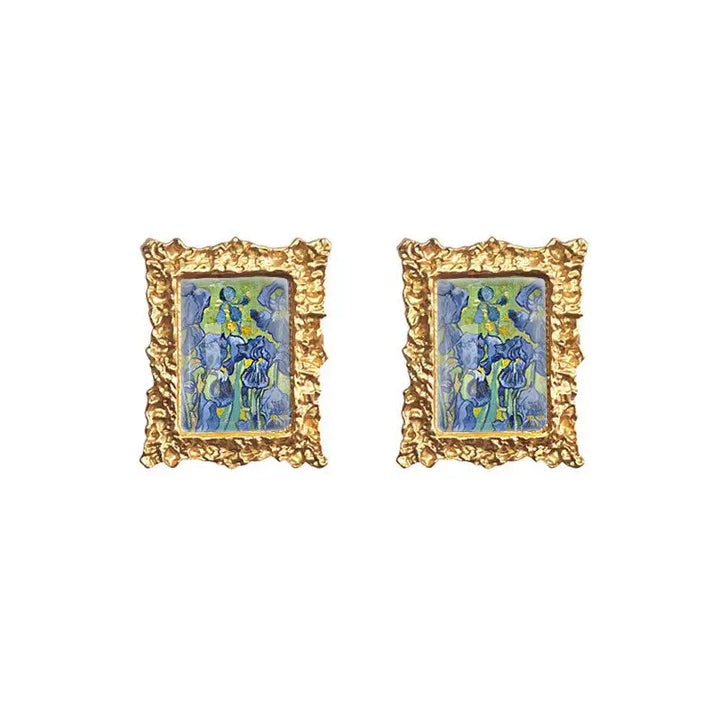 Impressionism oil painting earrings for y2k style jackets - irises - earrings