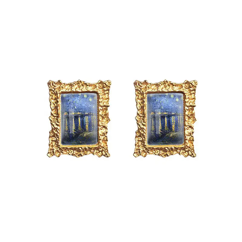 Impressionism oil painting earrings for y2k style jackets - starry night over the rhône - earrings