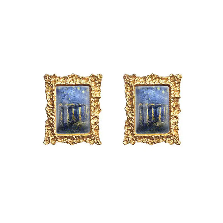 Impressionism oil painting earrings for y2k style jackets - starry night over the rhône - earrings