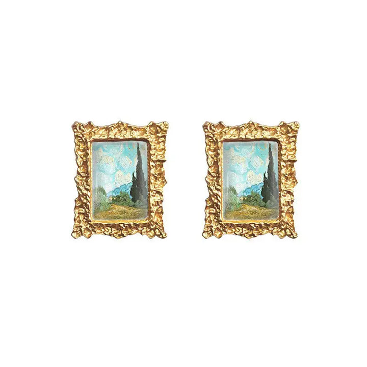 Impressionism oil painting earrings for y2k style jackets - wheat field with cypresses - earrings