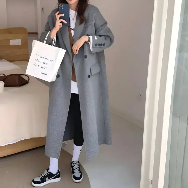 Grey oversized double-breasted y2k jacket for versatile styling - coat