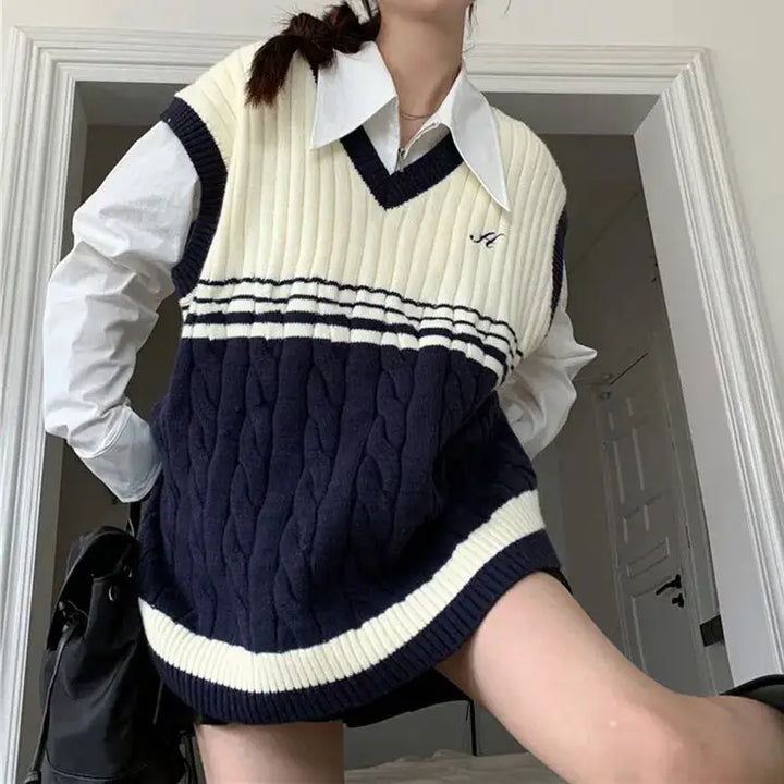 Old money aesthetic sweater vest in blue and white stripes - free size / white/naby blue