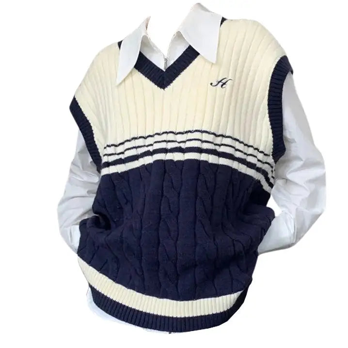 Old money aesthetic sweater vest in blue and white stripes - free size / white/naby blue