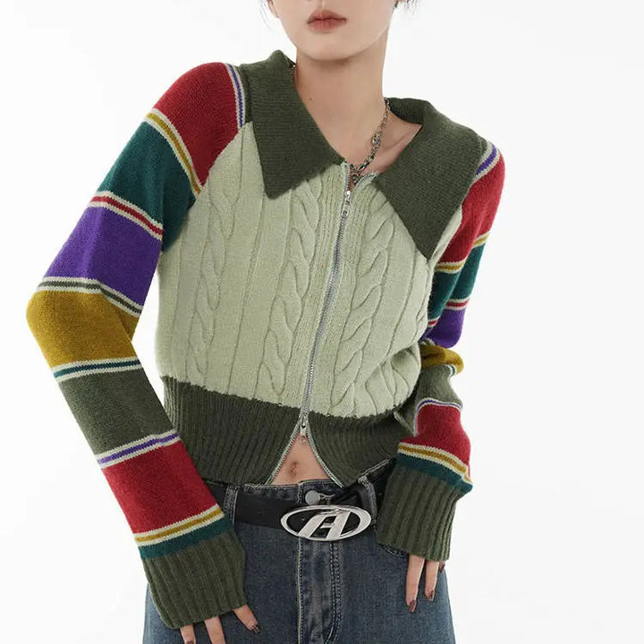 Y2k knit striped rainbow collar cardigan full zip jacket - cardigans