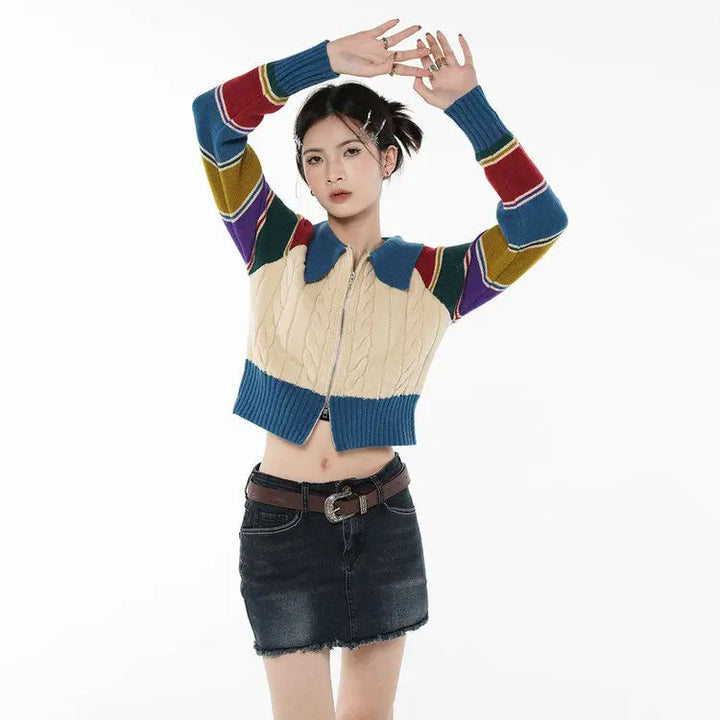 Y2k knit striped rainbow collar cardigan full zip jacket - cardigans