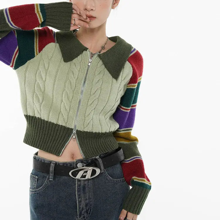 Y2k knit striped rainbow collar cardigan full zip jacket - cardigans