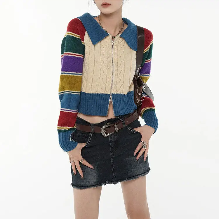 Y2k knit striped rainbow collar cardigan full zip jacket - cardigans