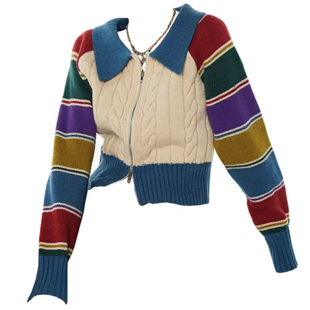 Y2k knit striped rainbow collar cardigan full zip jacket - free size / beige - cardigans