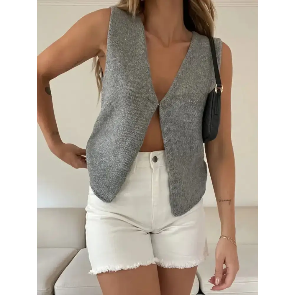 Open front knitted cardigan vest - gray / s - sweater vest