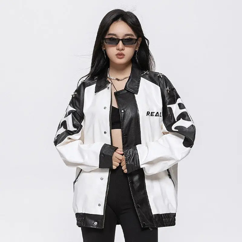 Oversized color block leather varsity jacket y2k - white / m