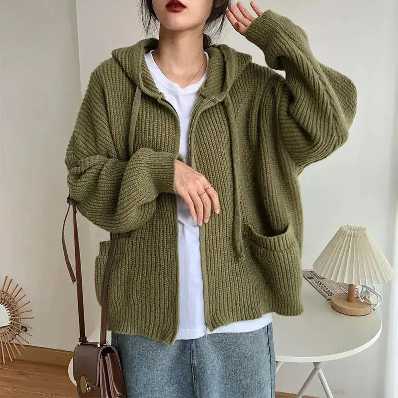 Oversized knitted hooded cardigan