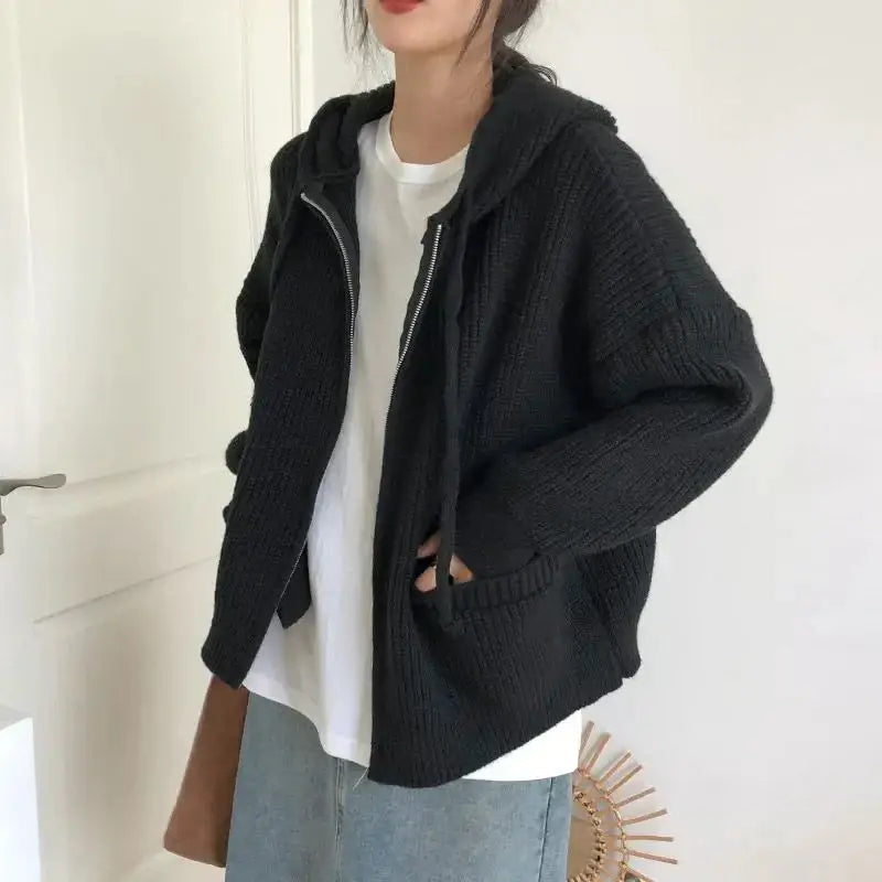 Cozy oversized hooded cardigan in soft knit material - black / s