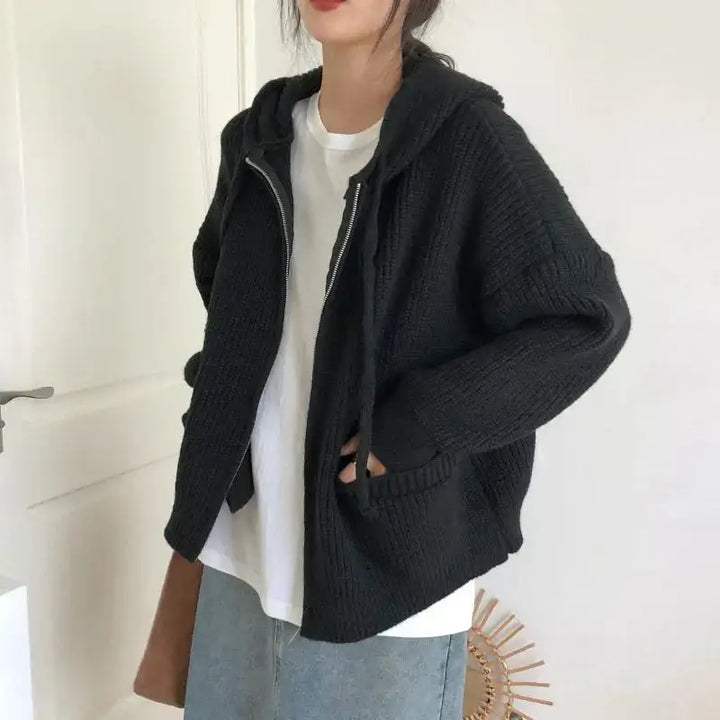 Cozy oversized hooded cardigan in soft knit material - black / s