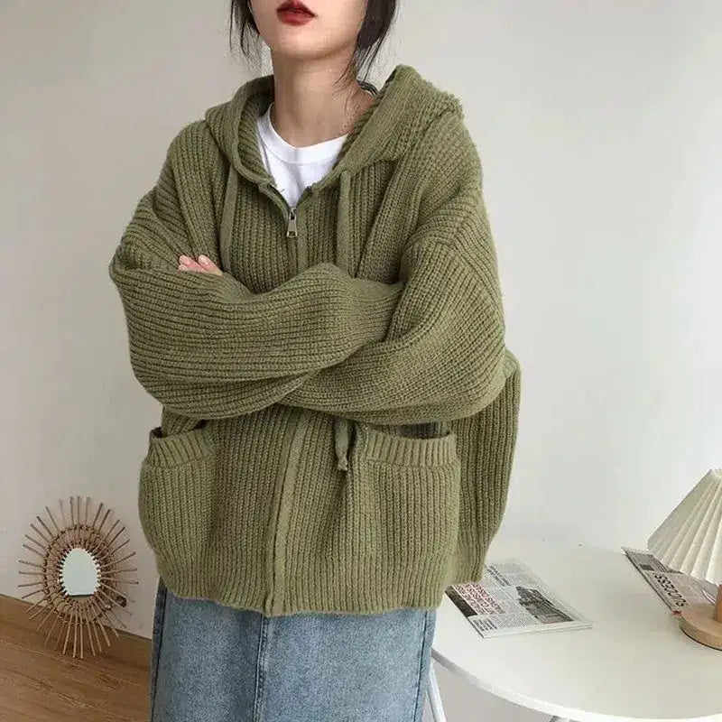 Oversized knitted hooded cardigan - green / s