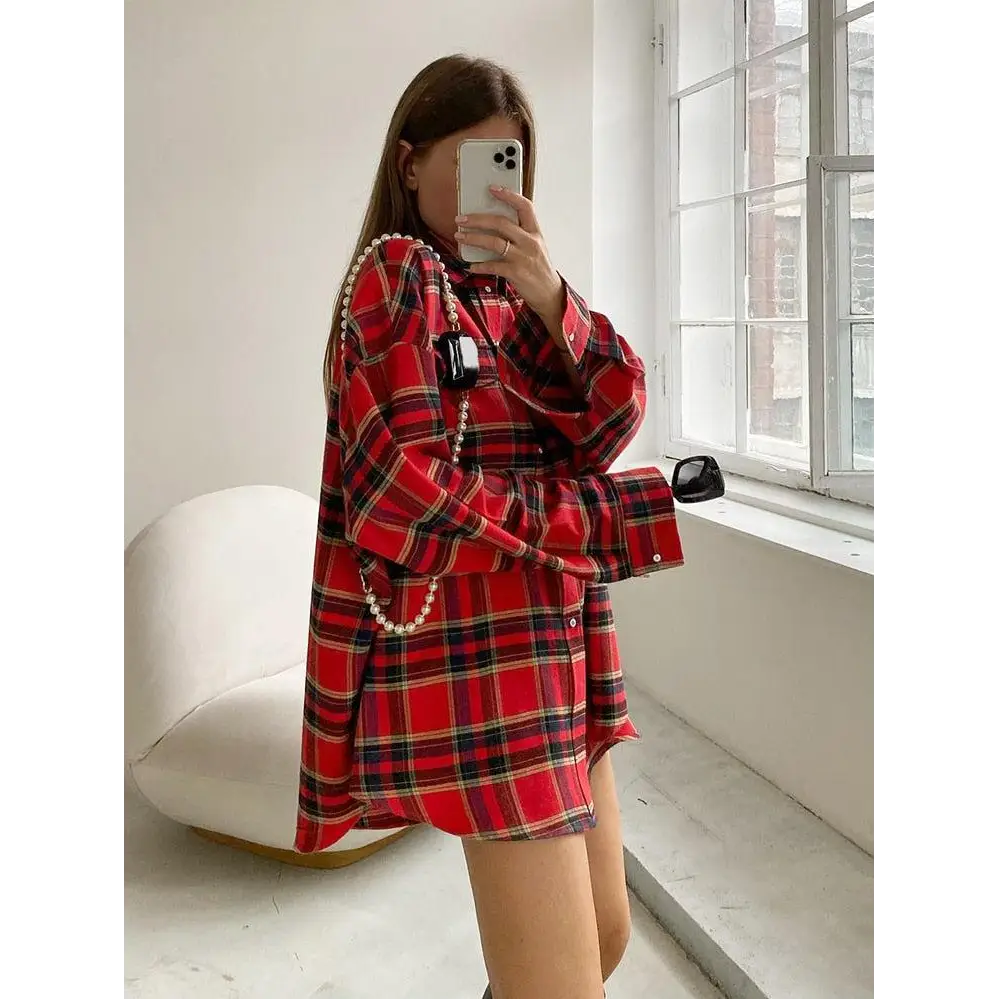 Oversized plaid shirt - red / s