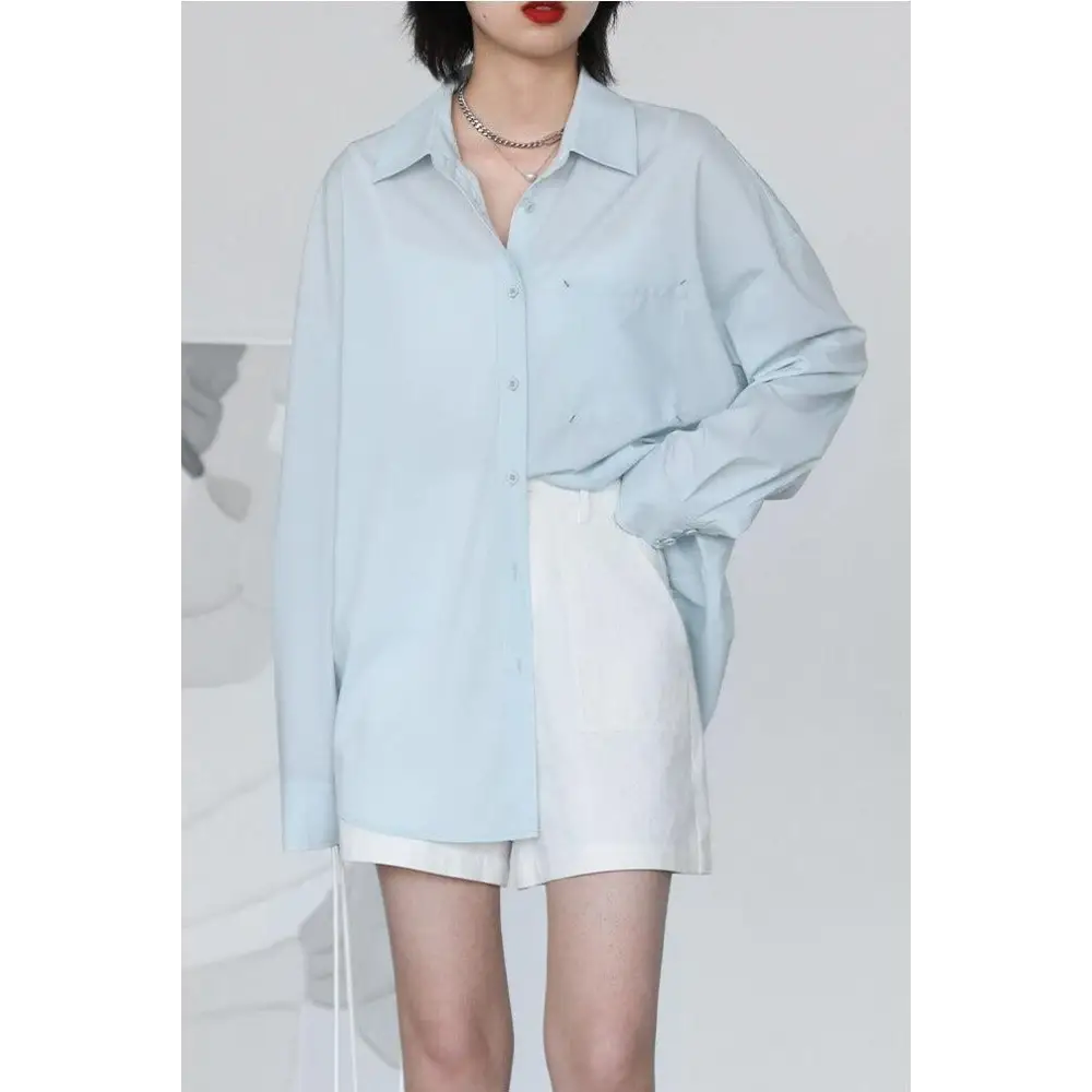 Light blue oversized poplin shirt with chest pocket in y2k style - l