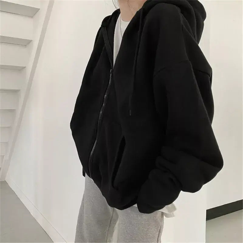 Oversized solid color zip-up hoodie y2k - black / s - hoodies