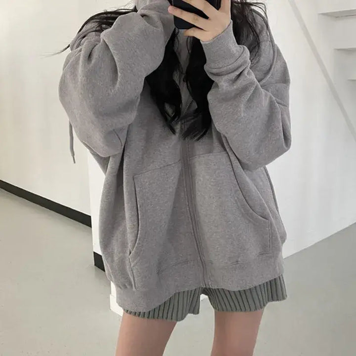 Oversized solid color zip-up hoodie y2k - grey / s - hoodies