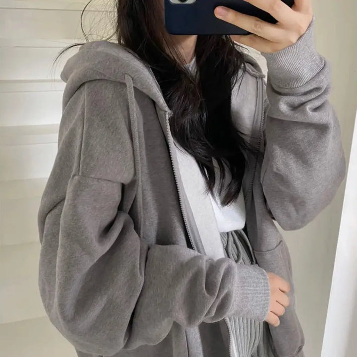 Oversized solid color zip-up hoodie y2k - hoodies