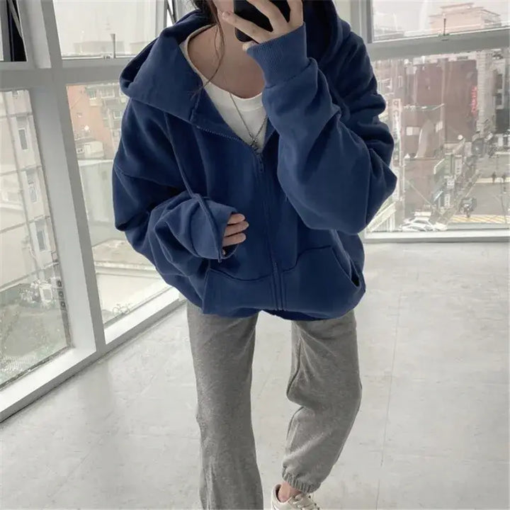 Oversized solid color zip-up hoodie y2k - hoodies