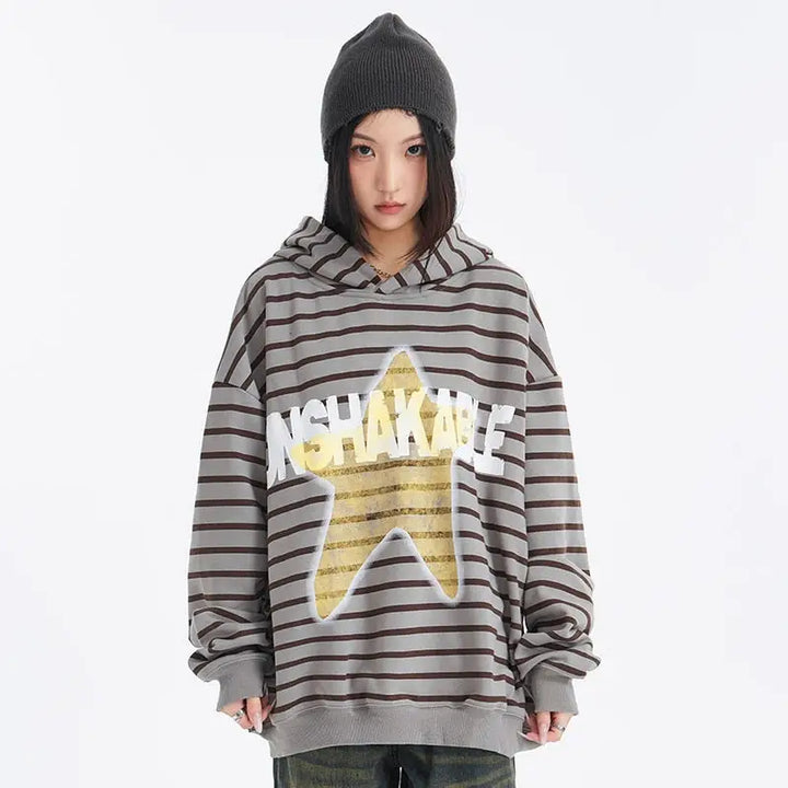 Oversized striped star print hoodie y2k - hoodies