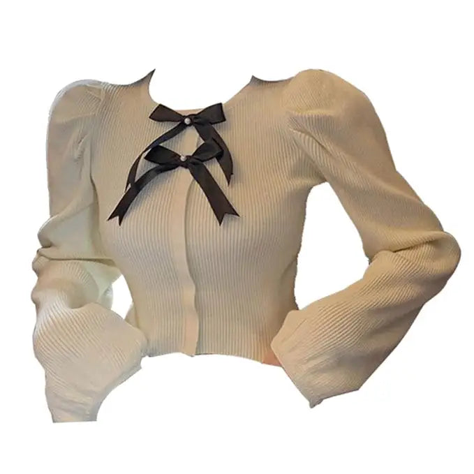 Elegant y2k cardigan jacket with button closure and bows - s / beige