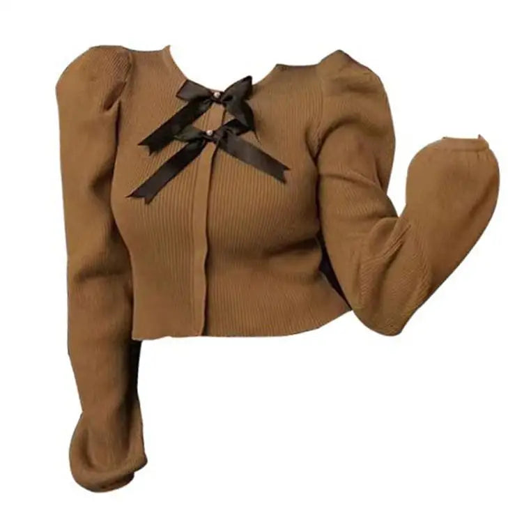 Elegant y2k cardigan jacket with button closure and bows - s / brown