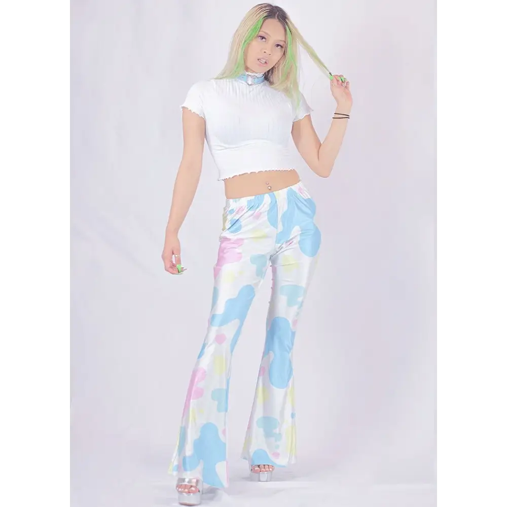 Pastel cow print flare pants - women bottoms