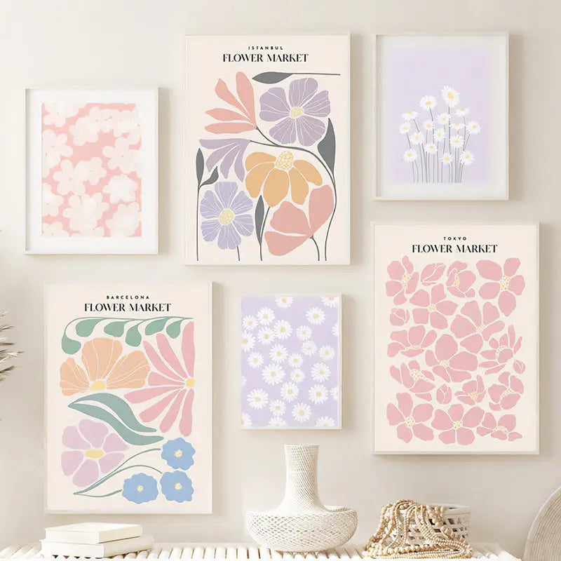 Pastel flowers canvas posters for danish aesthetic rooms - decor