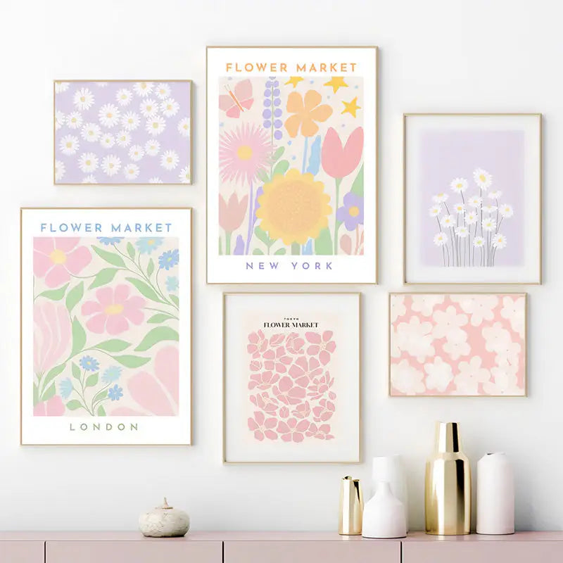 Pastel flowers canvas posters for danish aesthetic rooms - decor