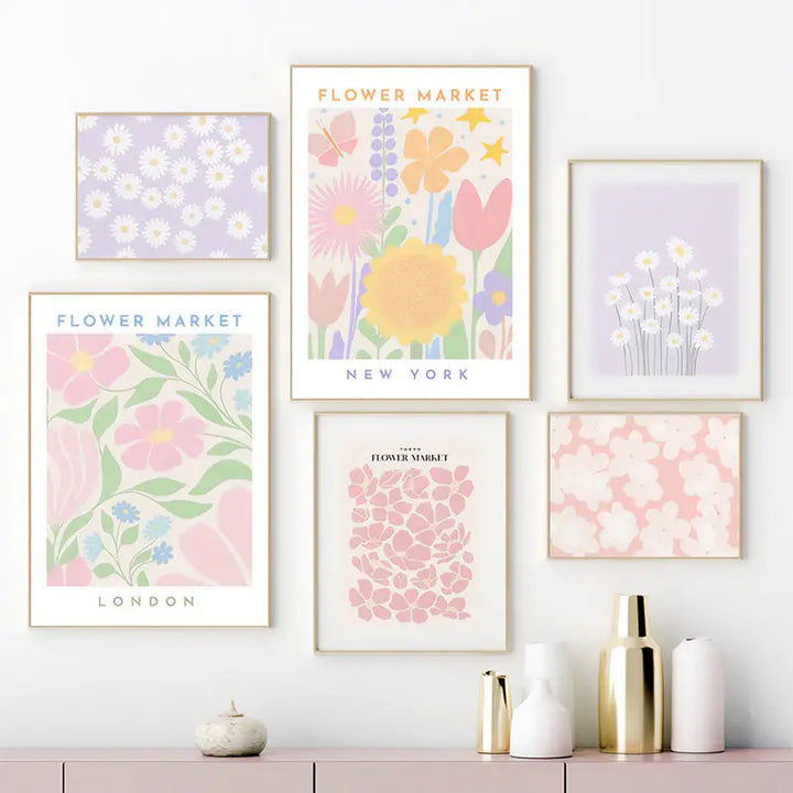 Pastel flowers canvas posters for danish aesthetic rooms - decor