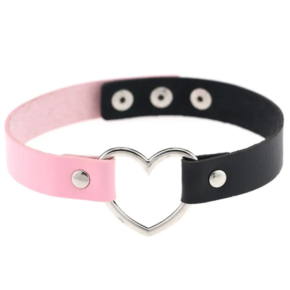 Pastel goth heart pendant choker necklace in alloy and leather - one size / pink-black - accessories