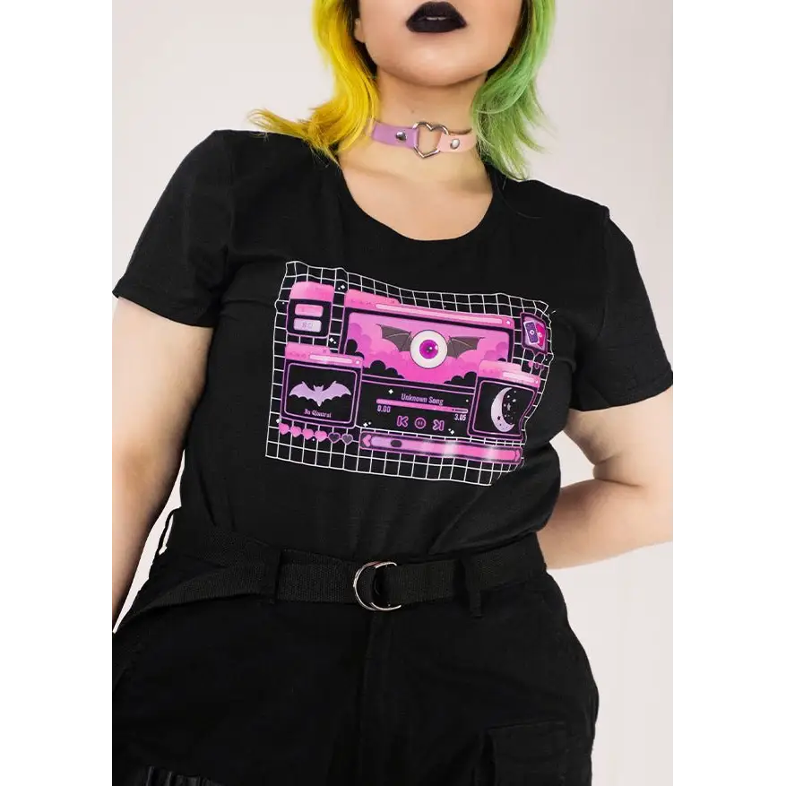 Exclusive plus size graphic tee with cute y2k spooky pastels - s / black - shirts & tops