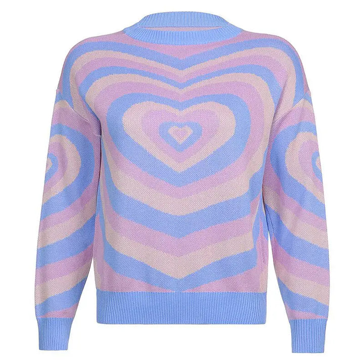 Pastel heart sweater with groovy purple pattern