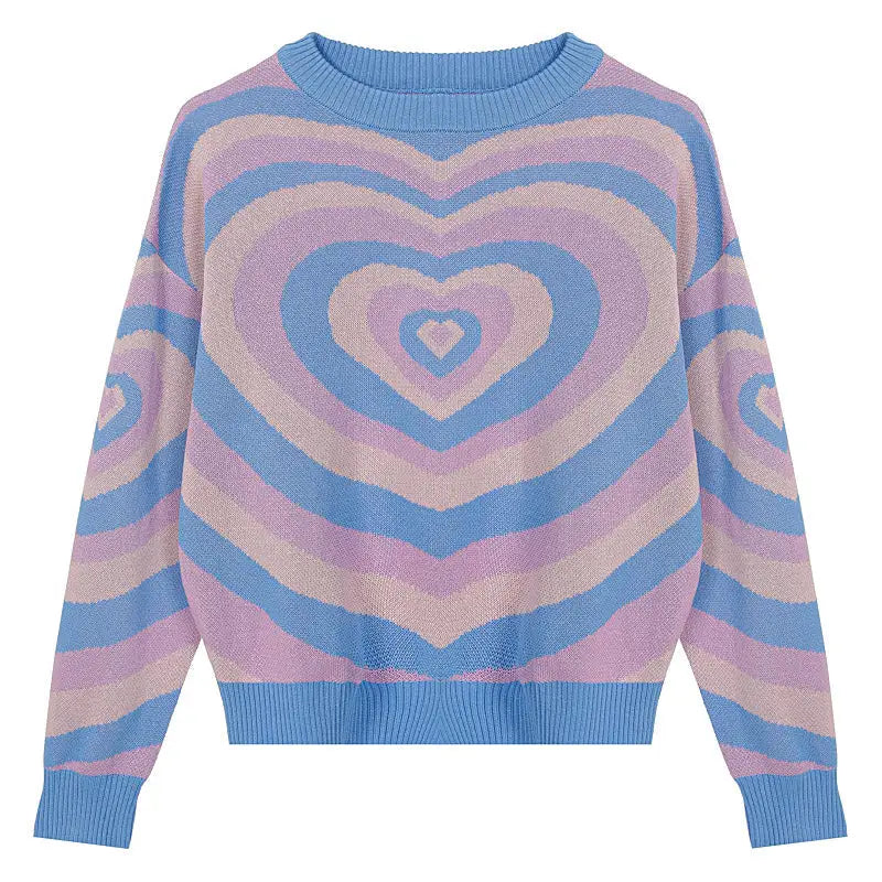 Pastel heart sweater with groovy purple pattern