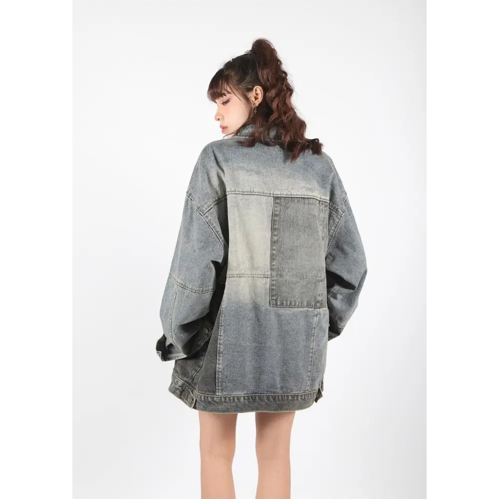 Stylish oversized denim jacket in unique patchwork design