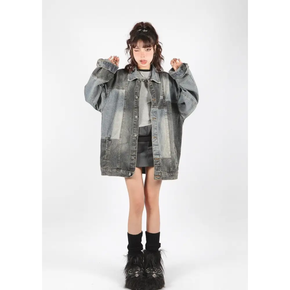 Stylish oversized denim jacket in unique patchwork design