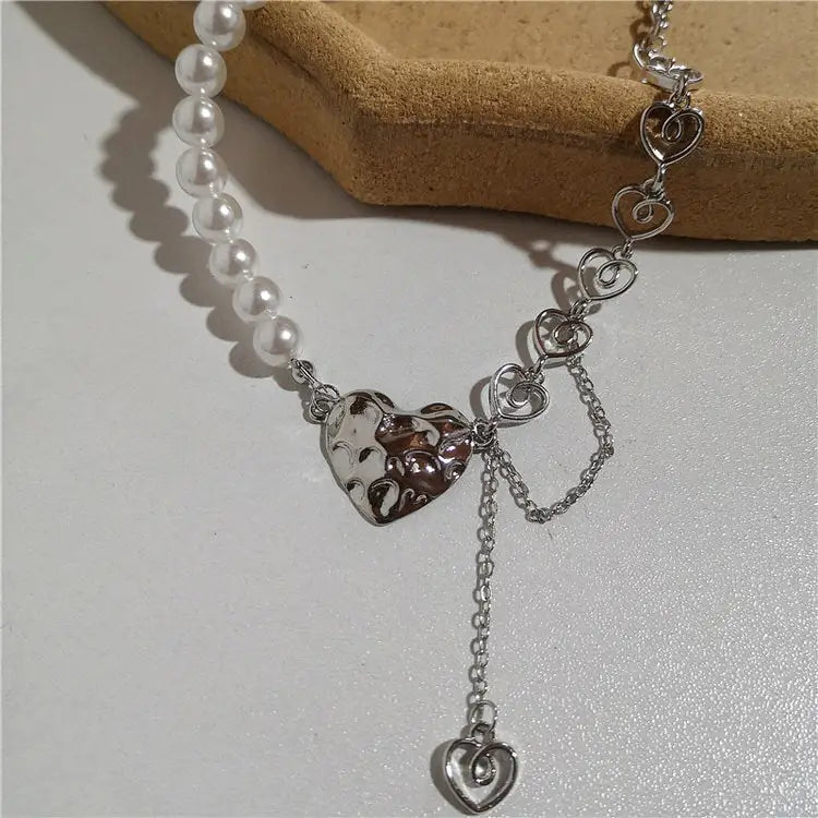 Y2k pearl chain necklace with heart pendant and adjustable clasp - standart / 3