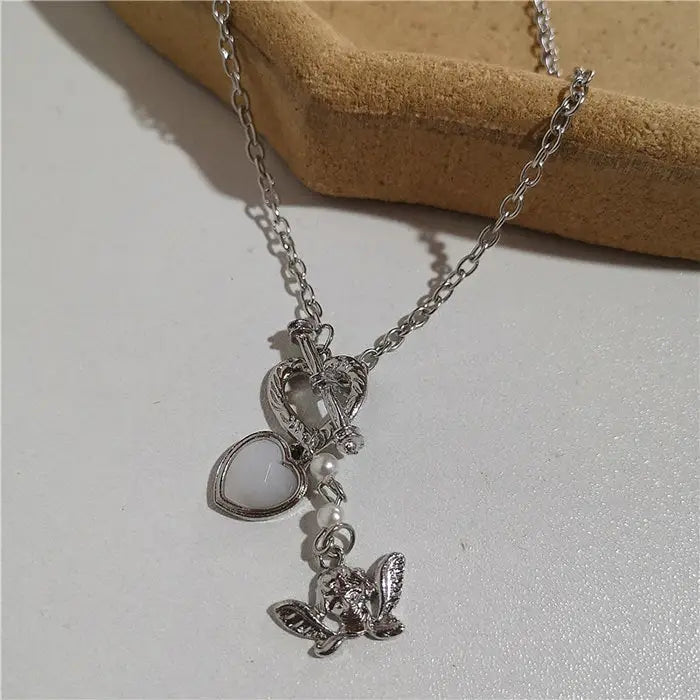 Y2k pearl chain necklace with heart pendant and adjustable clasp - standart / 4