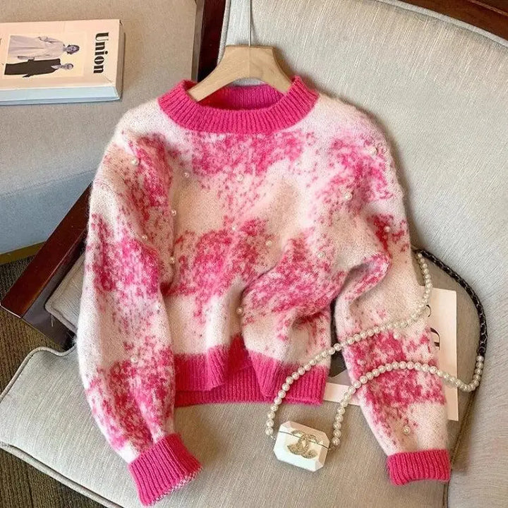 Chic tie-dye sweater with pearl beaded details and soft touch material - pink / s